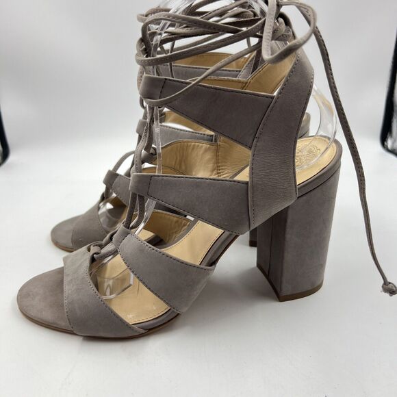 Vince Camuto Winola Heels Sz 8.5 Tan Taupe Suede Leather Strappy Ankle Lace Up - Picture 2 of 8